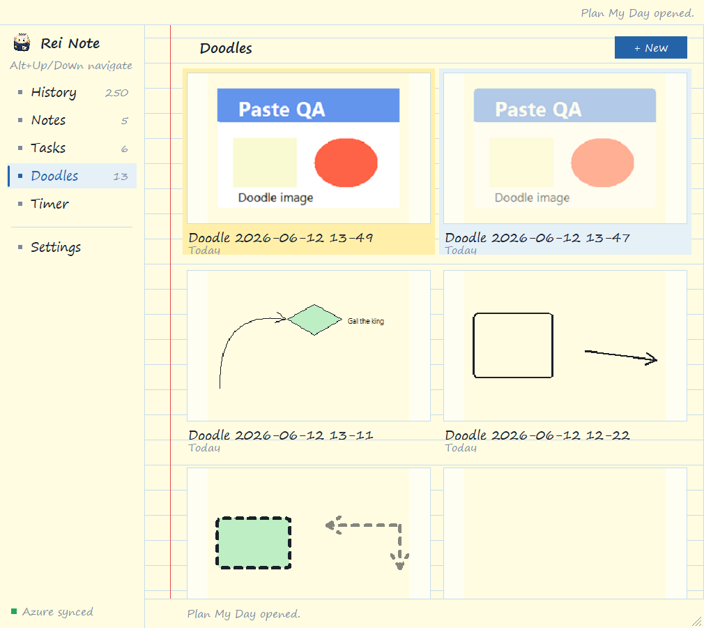 Rei Note doodles gallery with sketched diagrams, arrows and annotated screenshots
