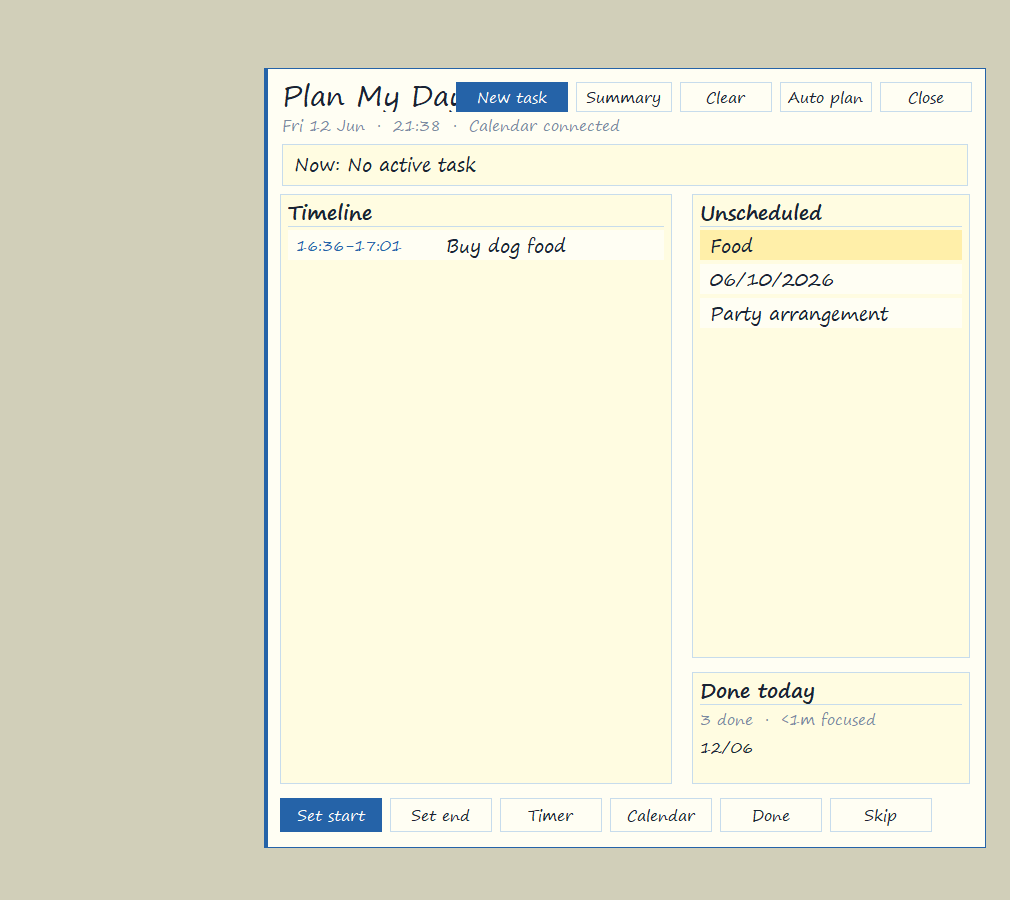 Plan My Day window with a timeline, an unscheduled task list and a done-today summary