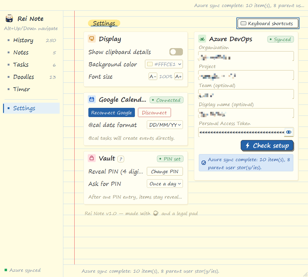 Rei Note settings with display options, Google Calendar connection, Vault PIN and Azure DevOps setup