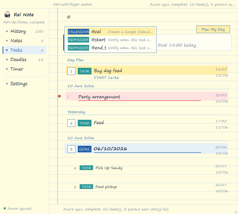 Typing @ in a task opens a menu with @cal for calendar events plus @start and @end_t reminders