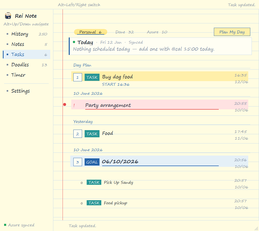 Rei Note tasks page with a day plan, a priority task, goals and a Plan My Day button