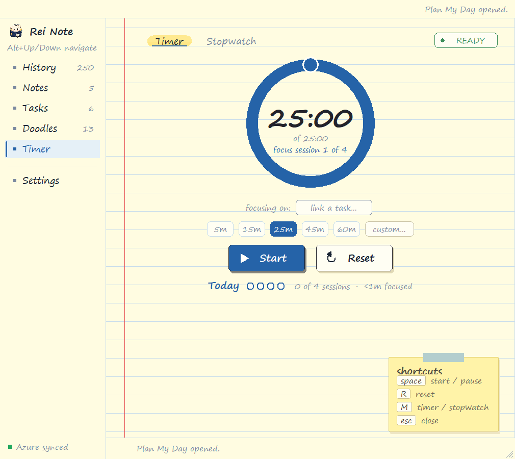 Rei Note focus timer at 25 minutes with session presets, a link-a-task field and keyboard shortcuts